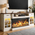 MXV 80" Fireplace TV Stand, 3-Sided Glass Fireplace and Modern Entertainment Center, Wooden Media Console with Glass Doors & Storage Drawers, LED Light, for Living Room, White