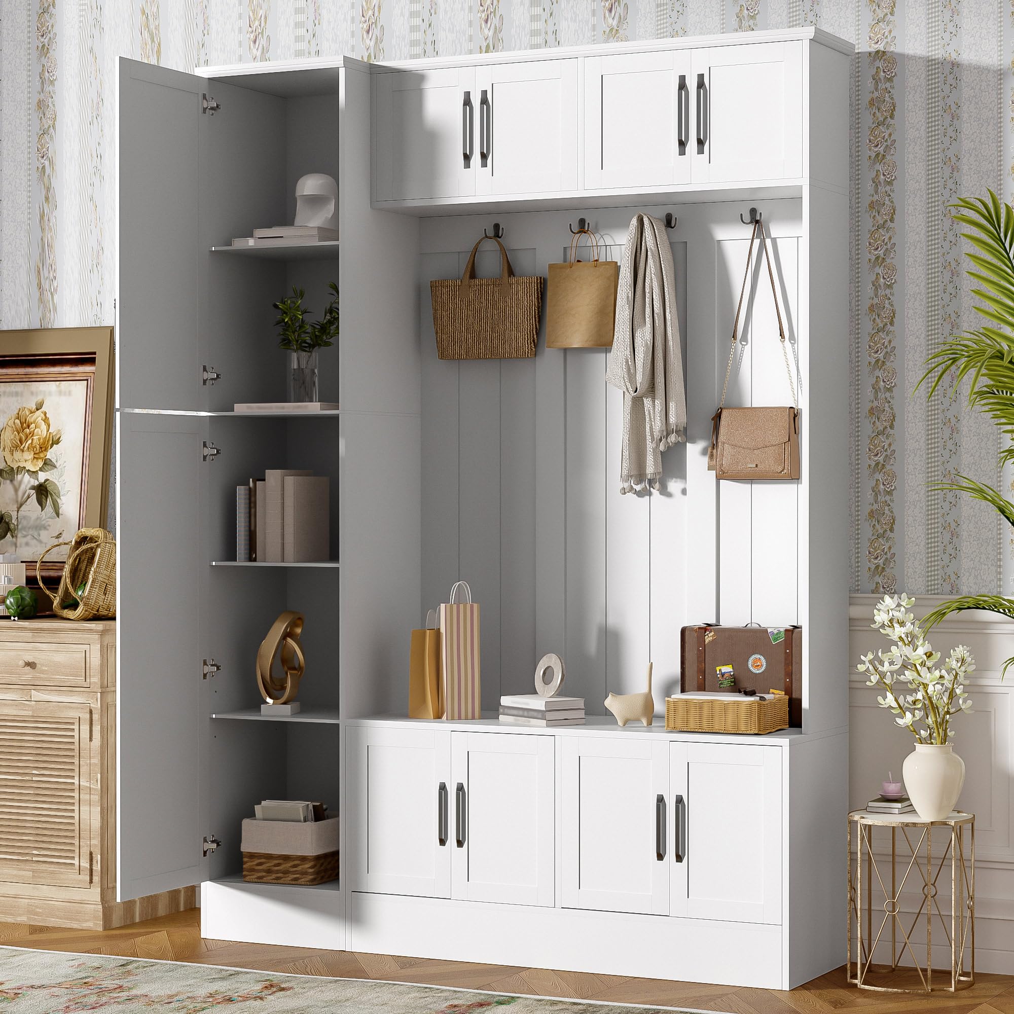 Shaical 79'' Tall Hall Tree with Shoe Storage and Bench, 4-in-1 Mudroom Storage Organizer Coat Rack with 6 Cabinets, 4 Coat Hooks & Adjustable Shelf for Hallway, Entryway, Living Room, White