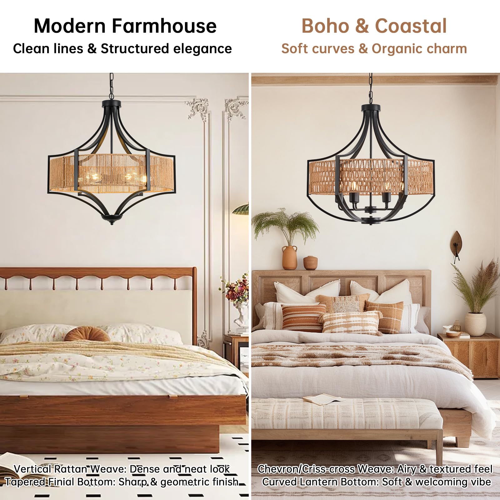 25.6" Rattan Farmhouse Chandelier Teardrop Light Fixtures, 6-Light Rustic Rattan Pendant Lighting with Straight Woven Shade Boho Black Hanging Light for Dining Room Living Room Kitchen Island Bedroom