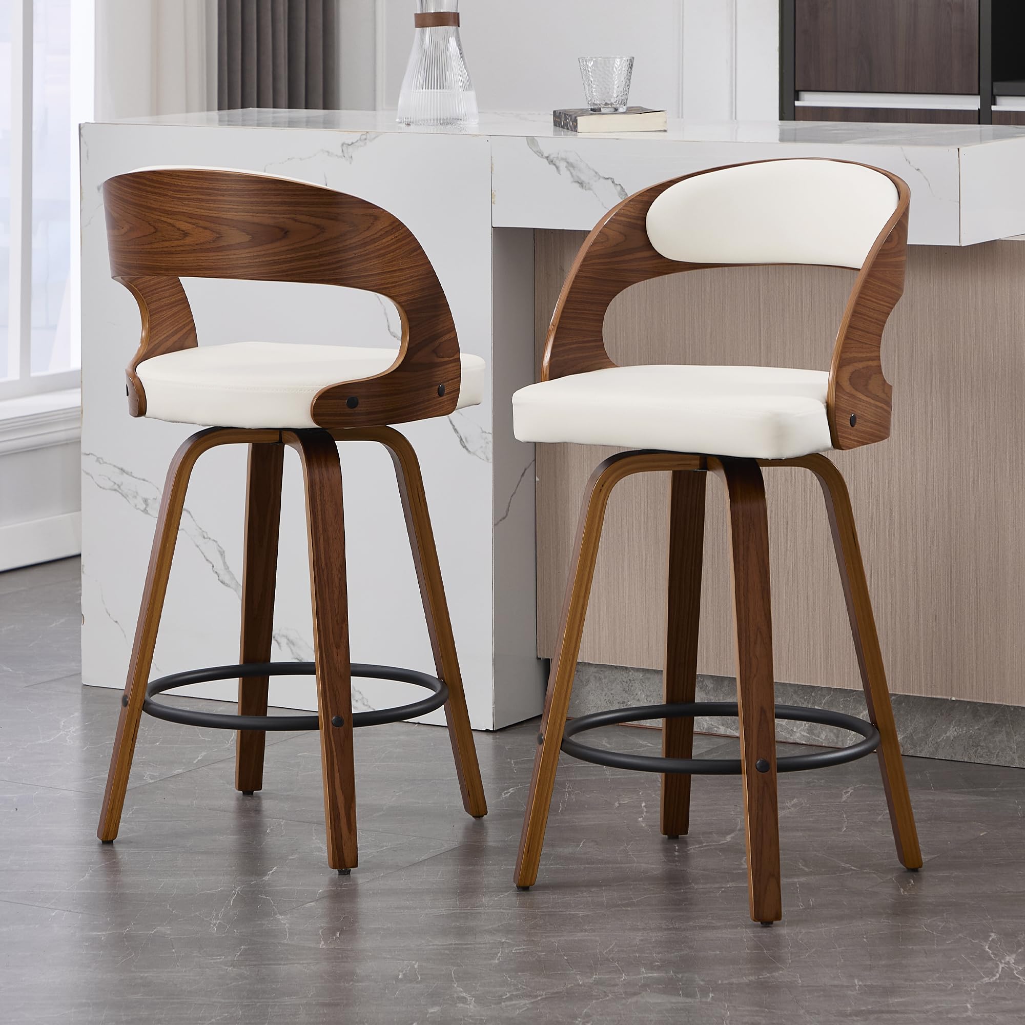 VipDesk Swivel Bar Stools Set of 2, Walnut Counter Height Bar Stools with Back and Arms, 26" Modern Faux Leather Upholstered Bar Chairs with Bentwood Frame for Kitchen Island Bar - White