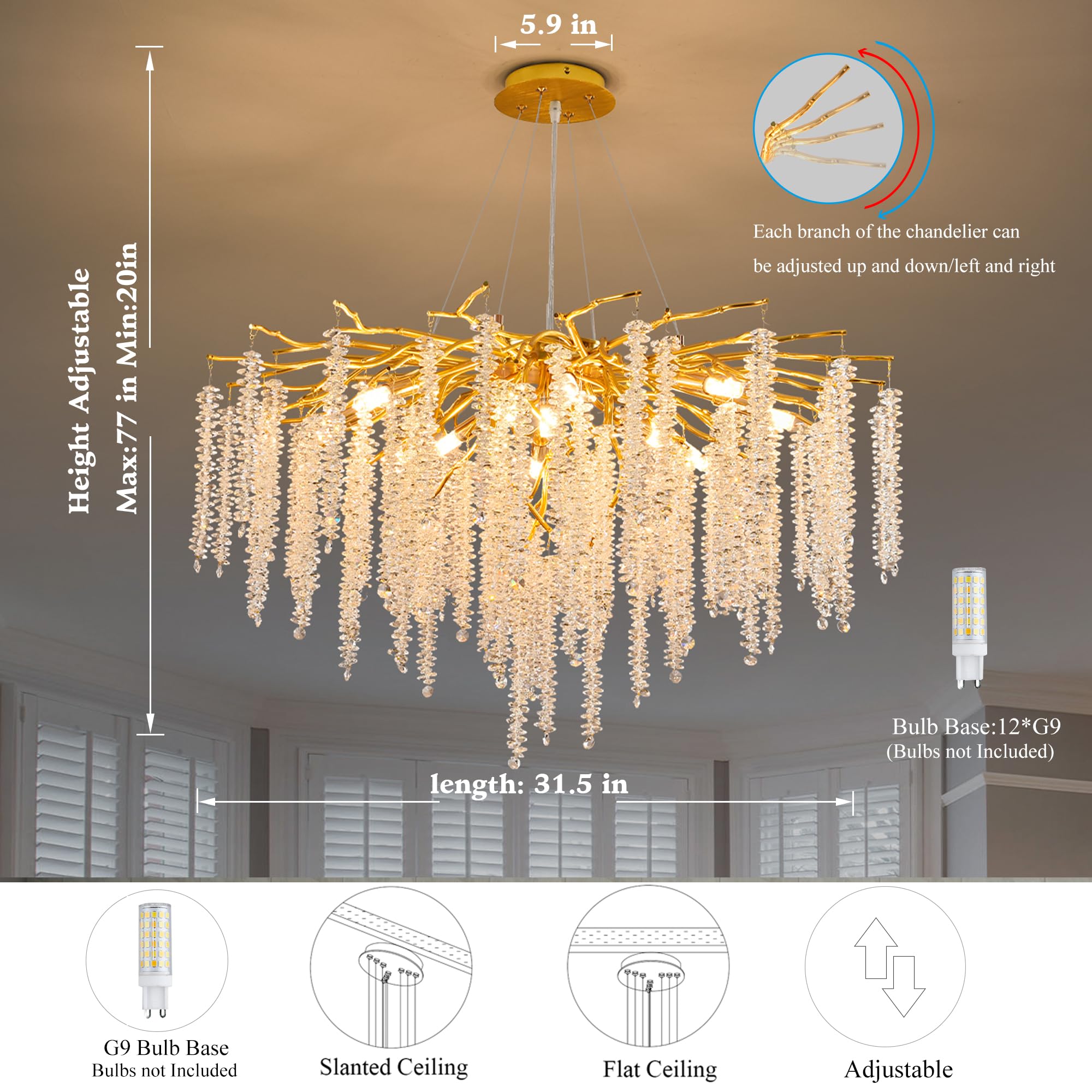 Puvaue Crystal Tree Branches Chandeliers Luxury Round Raindrop Pendant Light Fixture Ceiling Hanging Light for Dining Room Bedroom Living Room Entryway D31.5“ Gold