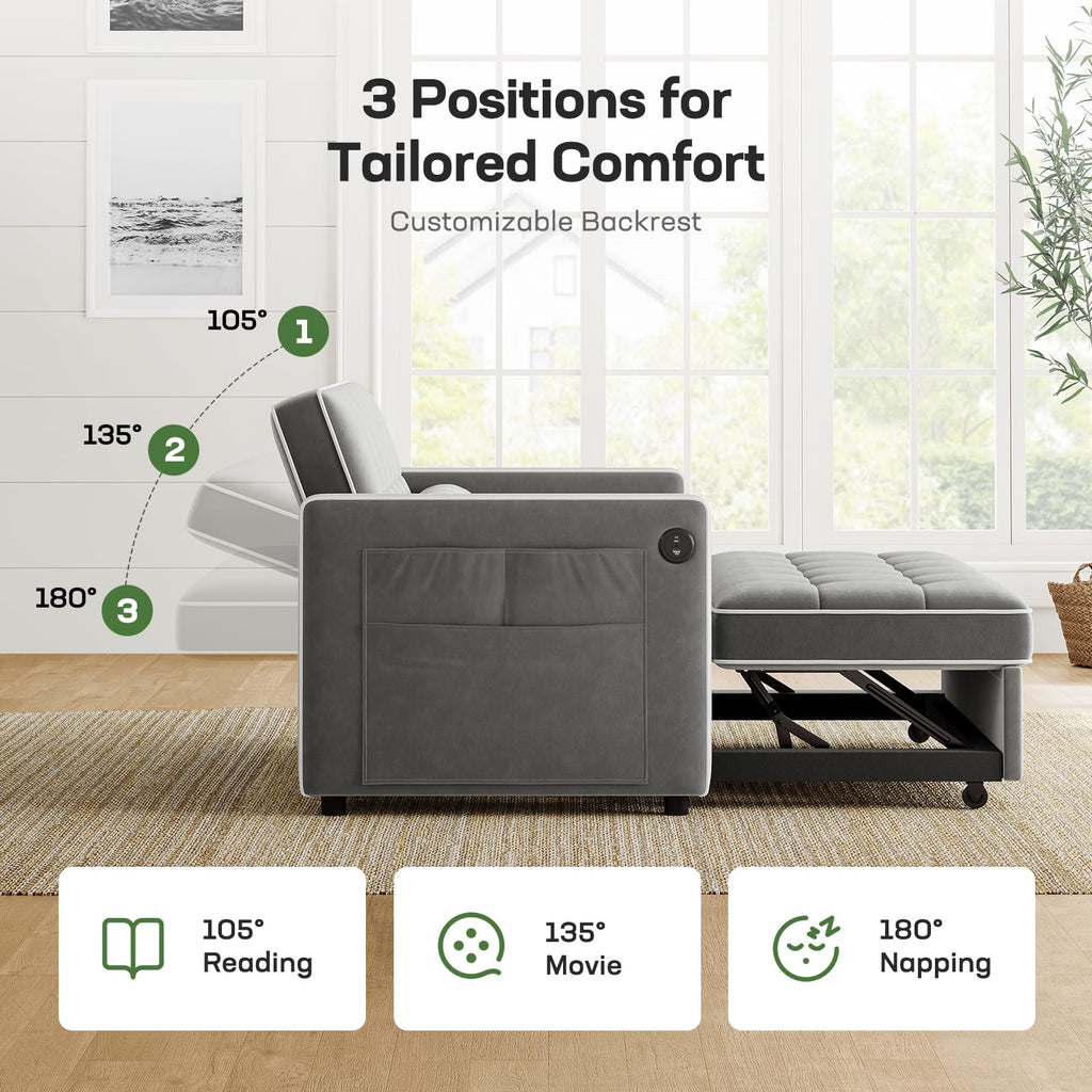 Marsail 3-in-1 Convertible Futon Sleeper Sofa Bed, Pull Out Couch with Adjustable Backrest, USB Charging & Side Pockets, Velvet Fabric Sofa for Living Room, Apartment, Loveseat, Grey