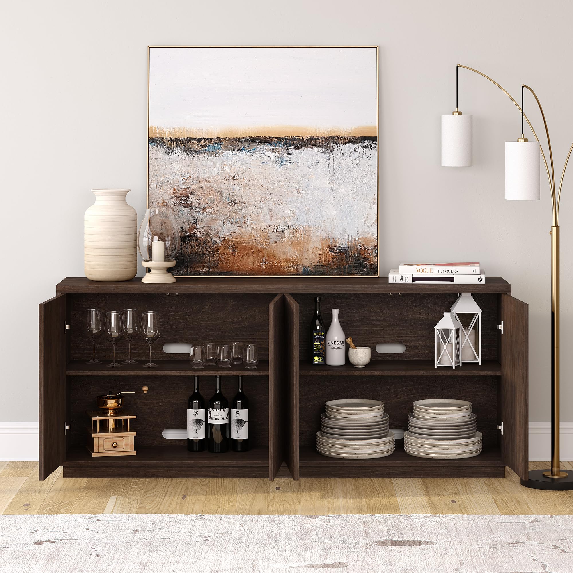 Henn&Hart 68" Fluted Sideboard Buffet Cabinet, Modern Ribbed Wooden Credenza with 4 Doors, Adjustable Shelves, and Cable Management Cut-Outs for Dining Room, Living Room or Entryway, Rich Brown