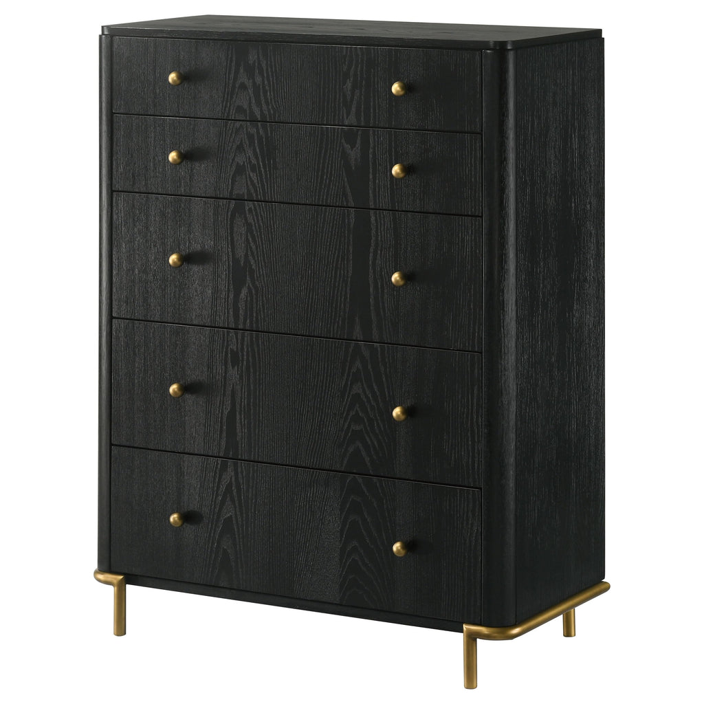 Coaster Home Furnishings - Arini - Wood - 5-Drawer Chest with Rounded Corners, Gold Knobs, Hidden Drawer and Wire-Brushed Finish - Coastal - Bedroom - Black - 224335