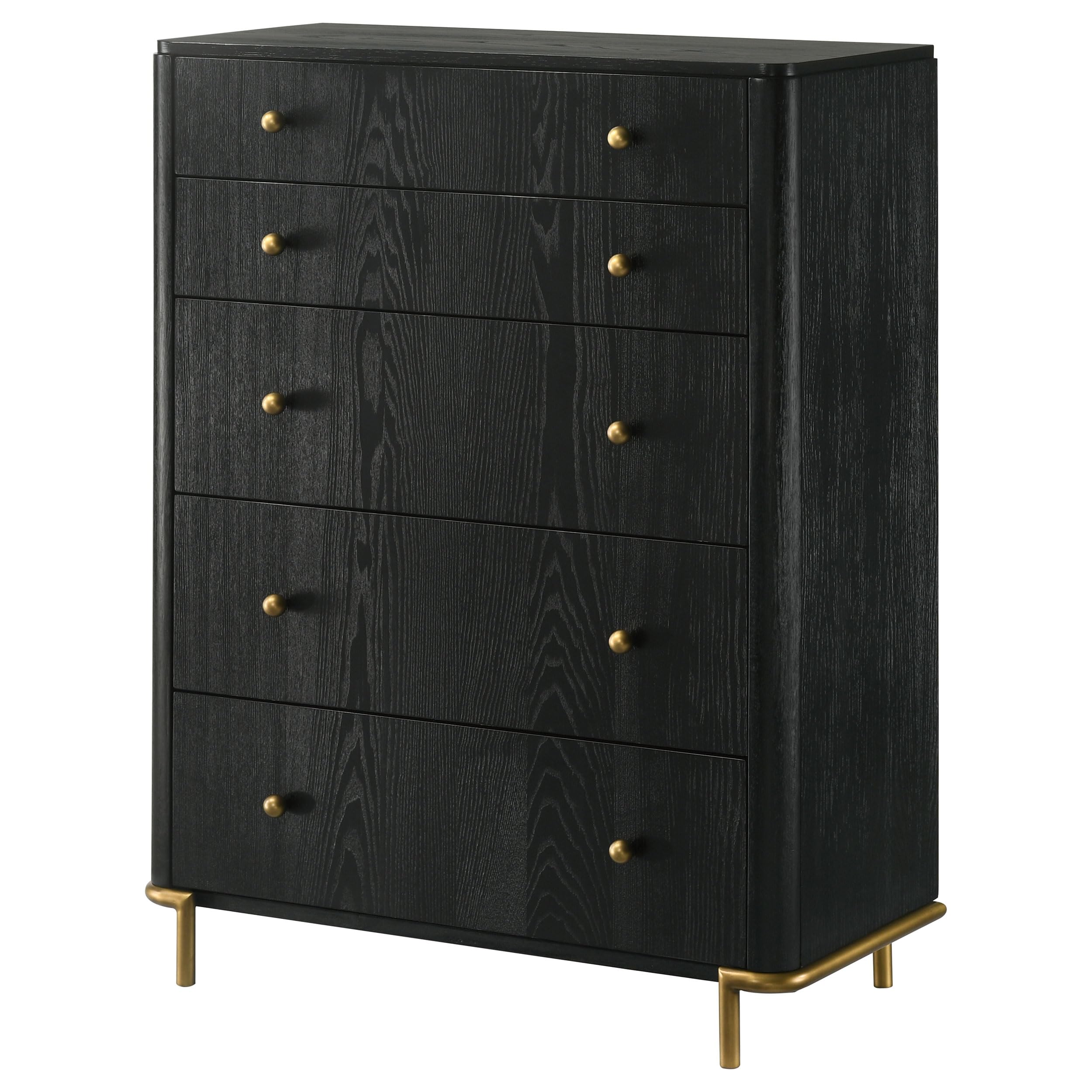 Coaster Home Furnishings - Arini - Wood - 5-Drawer Chest with Rounded Corners, Gold Knobs, Hidden Drawer and Wire-Brushed Finish - Coastal - Bedroom - Black - 224335