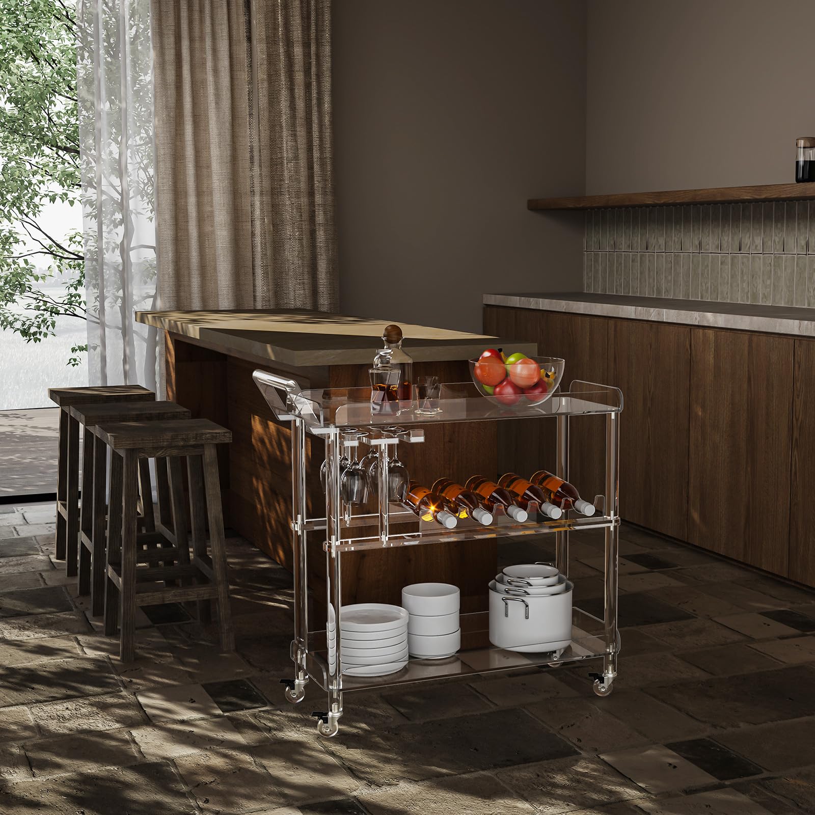 HMYHUM Acrylic Bar Cart with 4 Lockable Wheels, Clear Serving Cart with Wine Rack and Glass Holder, Rolling Beverage Cart for Home, Kitchen, Dinning Room, 33.7" L x 13" W x 34.8" H