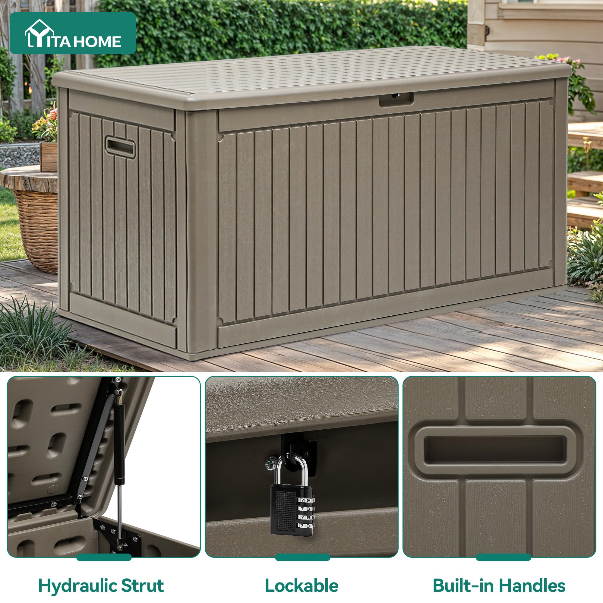YITAHOME 320 Gallon Double-Wall Deck Box with Divider & Side Handles, Outdoor Large Storage for Patio Furniture Cushions, Garden Pool Accessories, Water Resistant & Lockable