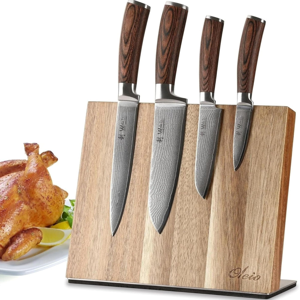 Wakoli EDIB 4-Piece Damascus Knife Block Set – Professional Kitchen Knives with Magnetic Acacia Block, 67-Layer Damascus Steel Blades and Ergonomic Pakkawood Handles – Premium Knife Set with Block