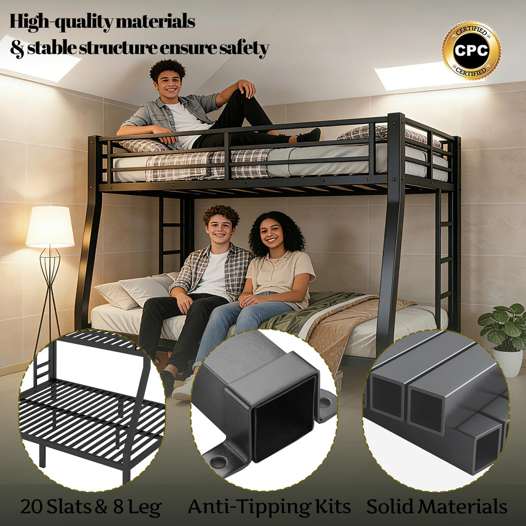 Bellemave Metal Full XL Over Queen Bunk Bed with High Guardrail & Under-Bed Storage, Heavy Duty Bunk Beds Frame with 2 Side Ladders, Full Over Queen Bunk Bed for Adults, No Box Spring Needed, Black