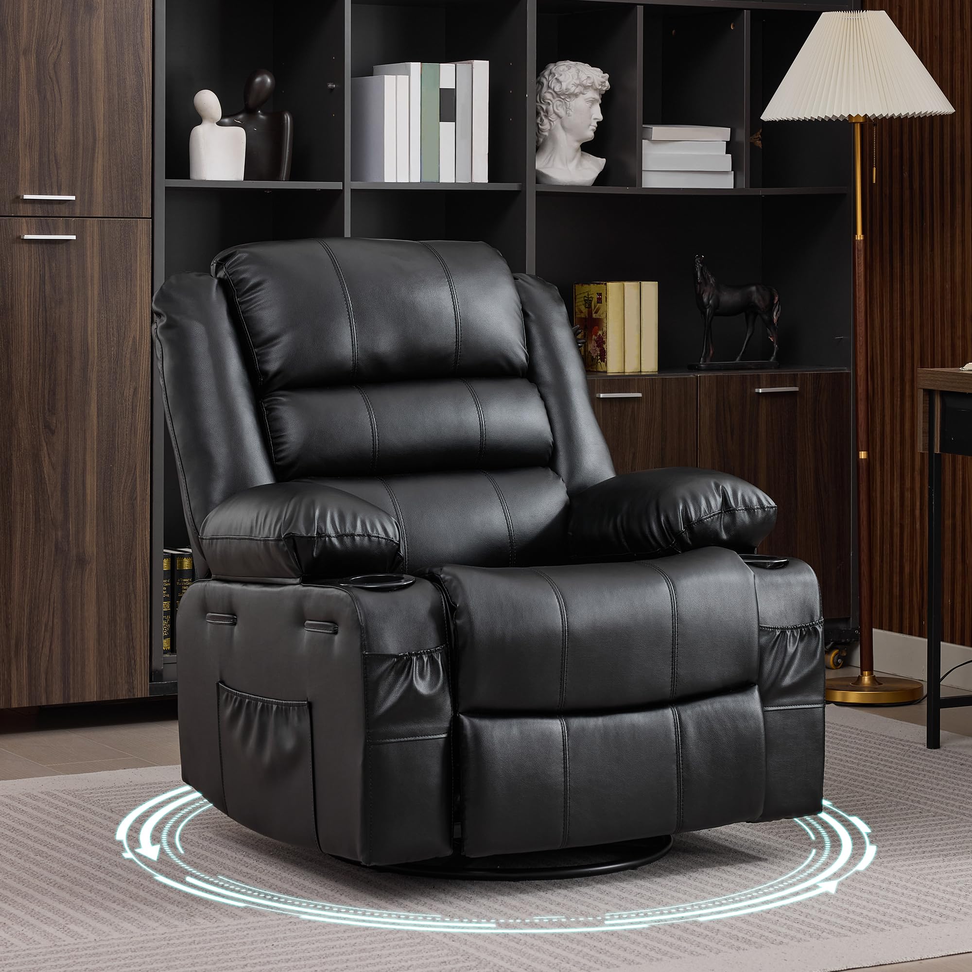 Rocker Recliner Chair for Adults Manual 360° Swivel Single Sofa Seat Glider Chair with 3 Positions 2 Side Pockets Cup Holders PU Fabric for Living Room Nursery Office