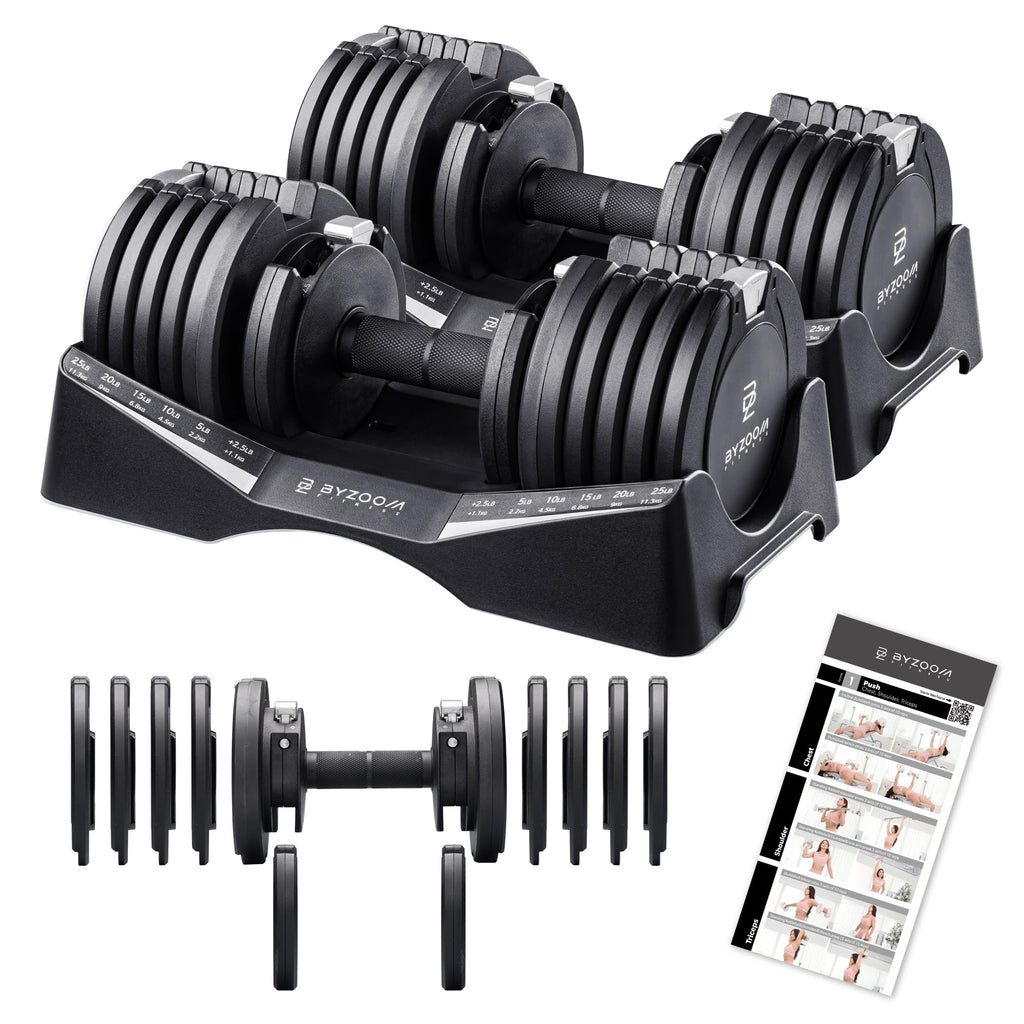 BYZOOM FITNESS Pure Series Adjustable Dumbbell – 27.5LB Pair Set of 2 – 10-in-1 Adjustable Weights for Home Gym, Garage Gym, Small Apartments, for Strength Training & Fitness Workouts, Black