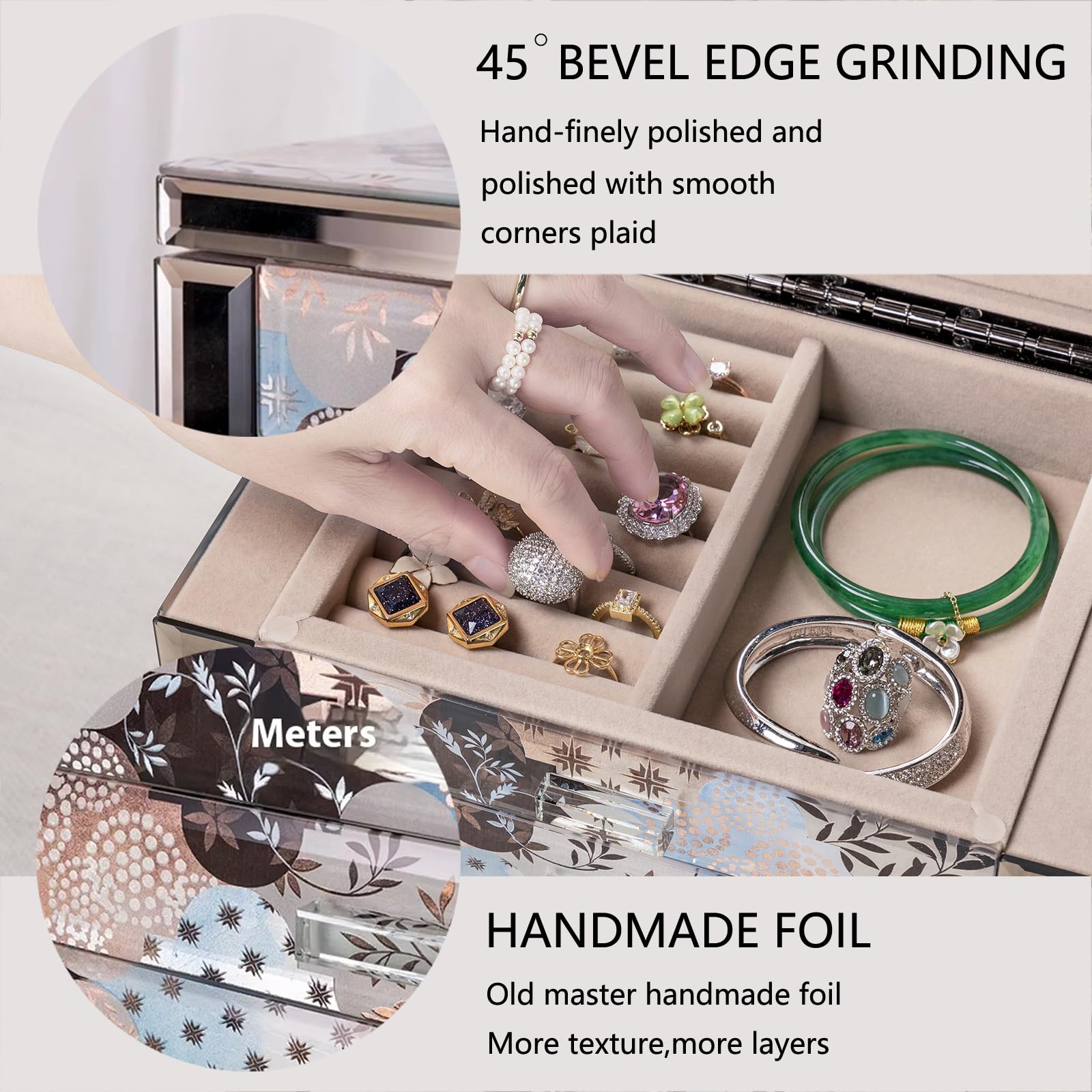 Homruilink High End Glass Jewelry Box, 5 Layer Jewelry Organizer for Women, Side Doors & Mirror, Velvet-Lined Storage for Rings & Necklaces, Ideal Gift (Geometric Floral)
