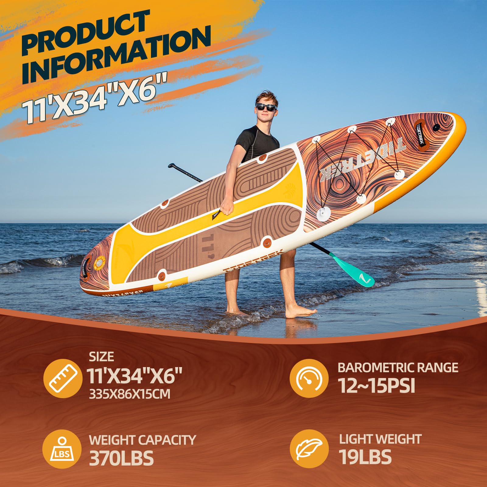 TIDETREK 11'/11'6" x 33"/34" x 6" Inflatable SUP Paddle Board – Extra-Wide, Stable Stand Up Paddle Board with Premium Full Accessory Set for Adults & Youth (Earth Pulse, 11'x34 x6)