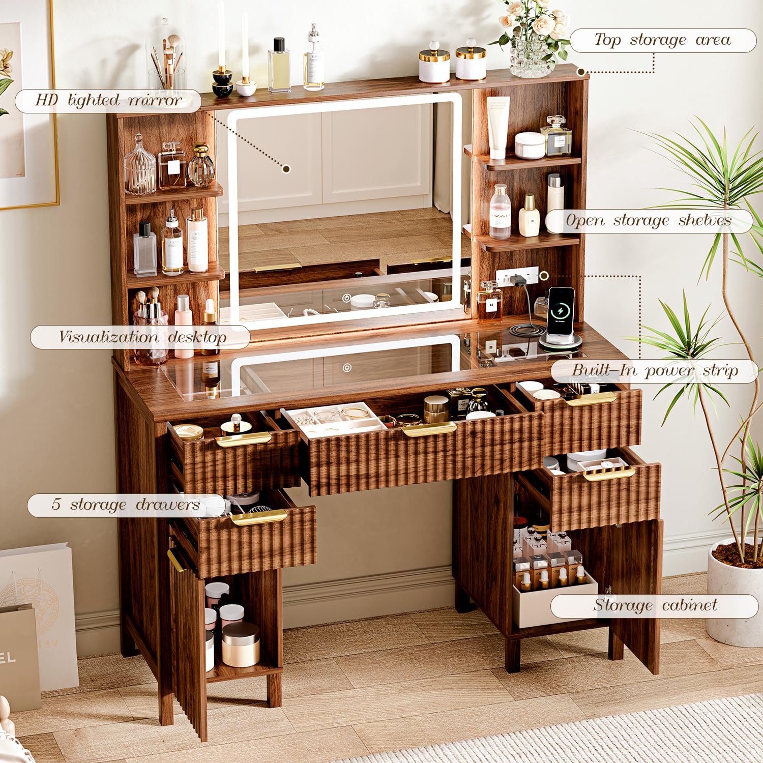 Vanity Desk with Large 27.2" Mirror and Lights 47.2" Fluted Makeup, 5 Drawer Vanity with Power Strip, 4 Open Shelves, 2 Cabinet, Modern Bedroom Vanity Featuring Visual Transparent Glass. Brown
