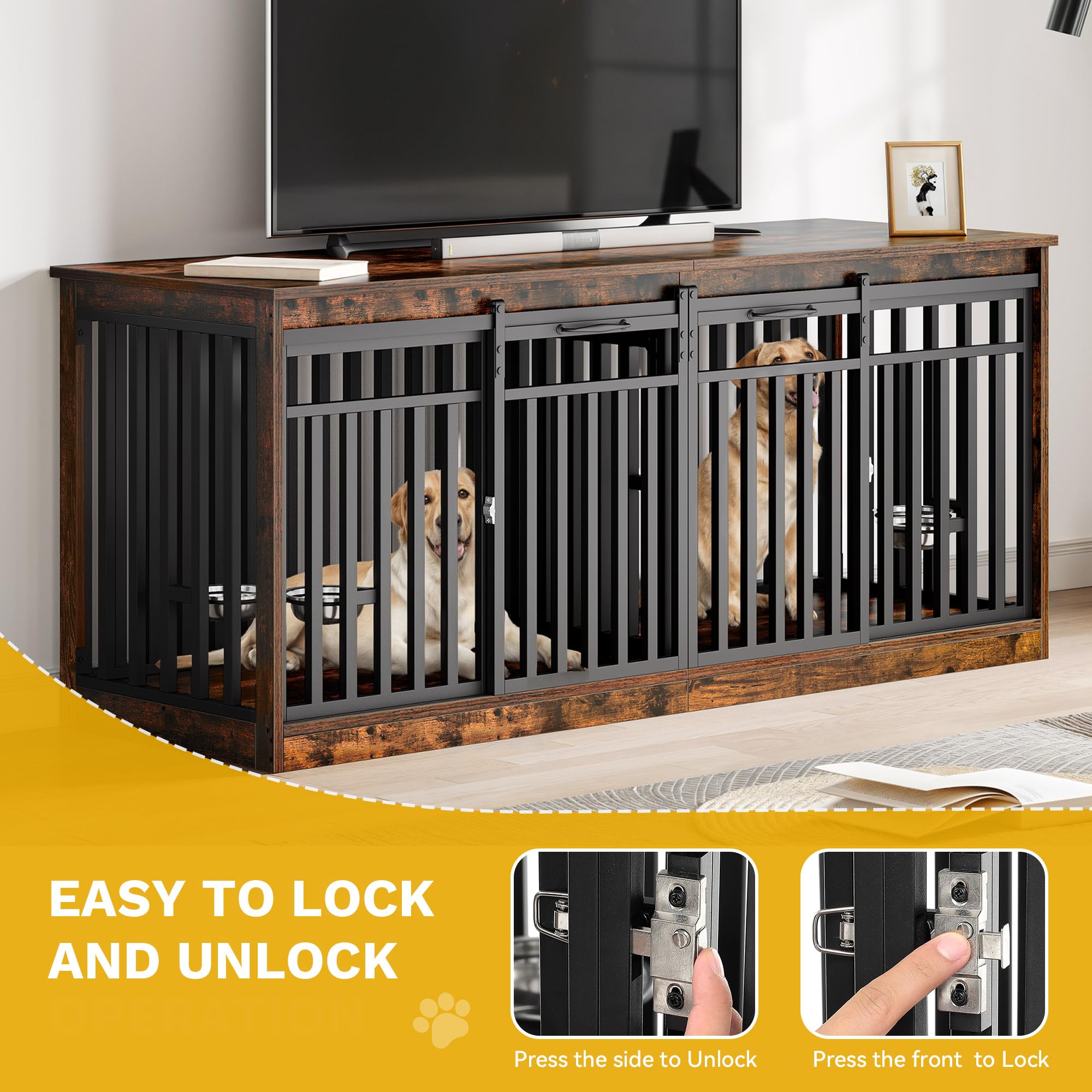 DWVO 71" Double Dog Crate Furniture for 2 Medium Dogs, Heavy Duty Wood Dual Dog Kennel TV Stand with Sliding Doors, Decorative Wooden 2 Dog Cage Table with Dog Bowls for Extra Large Dogs Rustic Brown