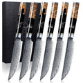 SENKEN Damascus Steak Knife Set - Black Tsunami Collection - 67-Layer Japanese VG10 Steel - Razor Sharp Non-Serrated Blades, Black Resin & Burl Wood Handles, Luxury Gift Box