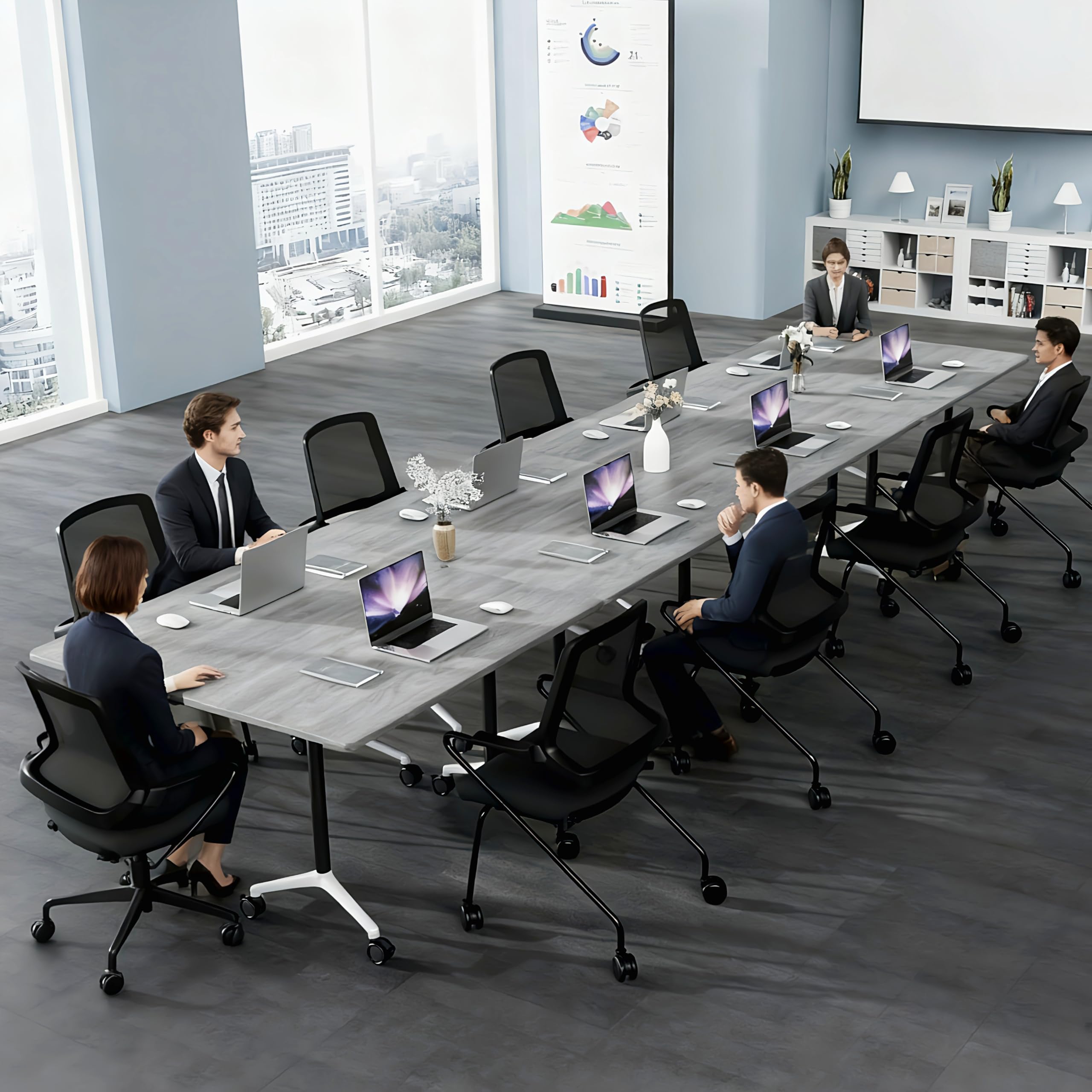Folding Conference Table, Conference Room Tables with Wheels Foldable Large Rectangle Meeting Seminar Table for 6-12 People, Flip Top Mobile Training Table for Office Classr (4, Gray, 55.1in)