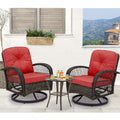 MELLCOM 3 Pieces Patio Furniture Set, Outdoor Swivel Rocker Patio Chairs, Wicker Patio Bistro Set with Rocking Chair, Thickened Cushions and Glass Coffee Table for Backyard, Garden, Wine Red