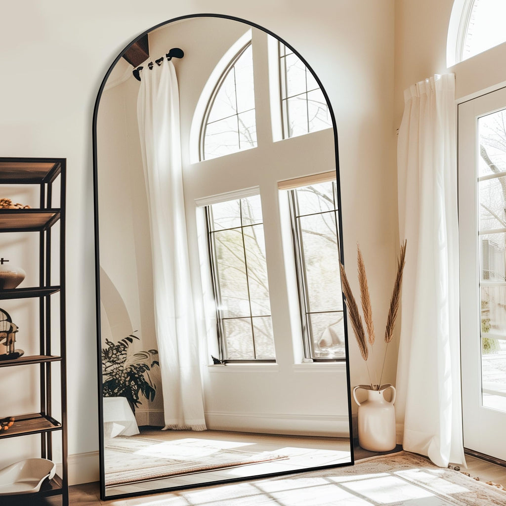 Antok 86" x46” Arched Full Length Floor Mirror, Black Aluminum Frame, Free Standing/Wall Mount/Leaning for Bedroom, Living Room, Dressing Room