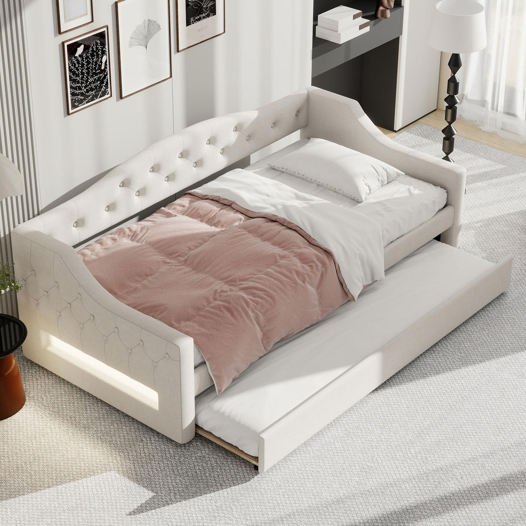 GDFStudio Twin XL Upholstered Daybed with Linen Fabric, LED Lighting Belt, Pull-Out Trundle, Sturdy Pine Wood Frame with Slats, Modern Beige Platform Bed for Users, No Box Spring Required, Beige