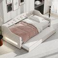 GDFStudio Twin XL Upholstered Daybed with Linen Fabric, LED Lighting Belt, Pull-Out Trundle, Sturdy Pine Wood Frame with Slats, Modern Beige Platform Bed for Users, No Box Spring Required, Beige