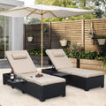 WAROOM Outdoor Chaise Lounge Chairs for Outside Patio Furniture Set of 2 Wicker Recliner Black Rattan Sunbathing Lounger Adjustable Backrest Pool Reclining Chair, Khaki Cushion
