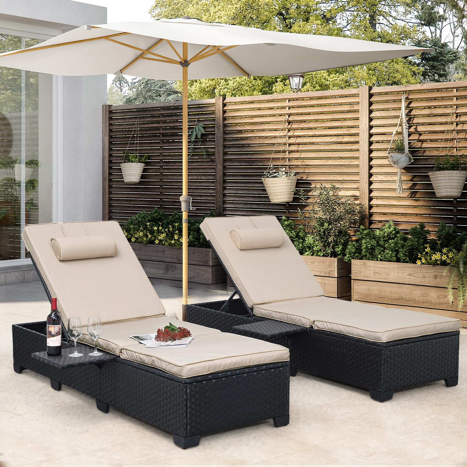 WAROOM Outdoor Chaise Lounge Chairs for Outside Patio Furniture Set of 2 Wicker Recliner Black Rattan Sunbathing Lounger Adjustable Backrest Pool Reclining Chair, Khaki Cushion