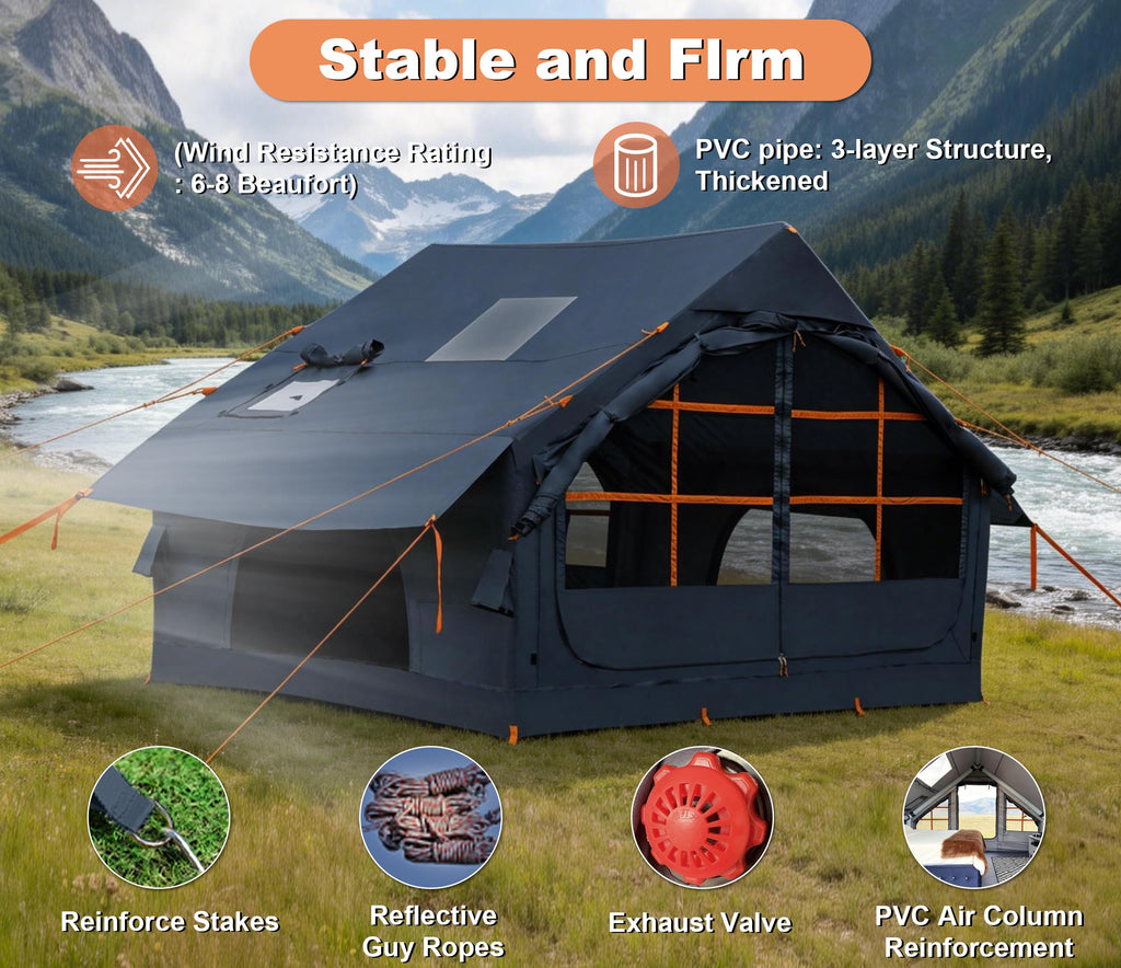 SHANQUAN Inflatable Tents for Camping with Stove Jack, 4/6 Person Easy Setup Blow up Tents for 4 Seasons Waterproof Inflatable Camping Tent with Clear Skylight, Air House Glamping Tents for Adult