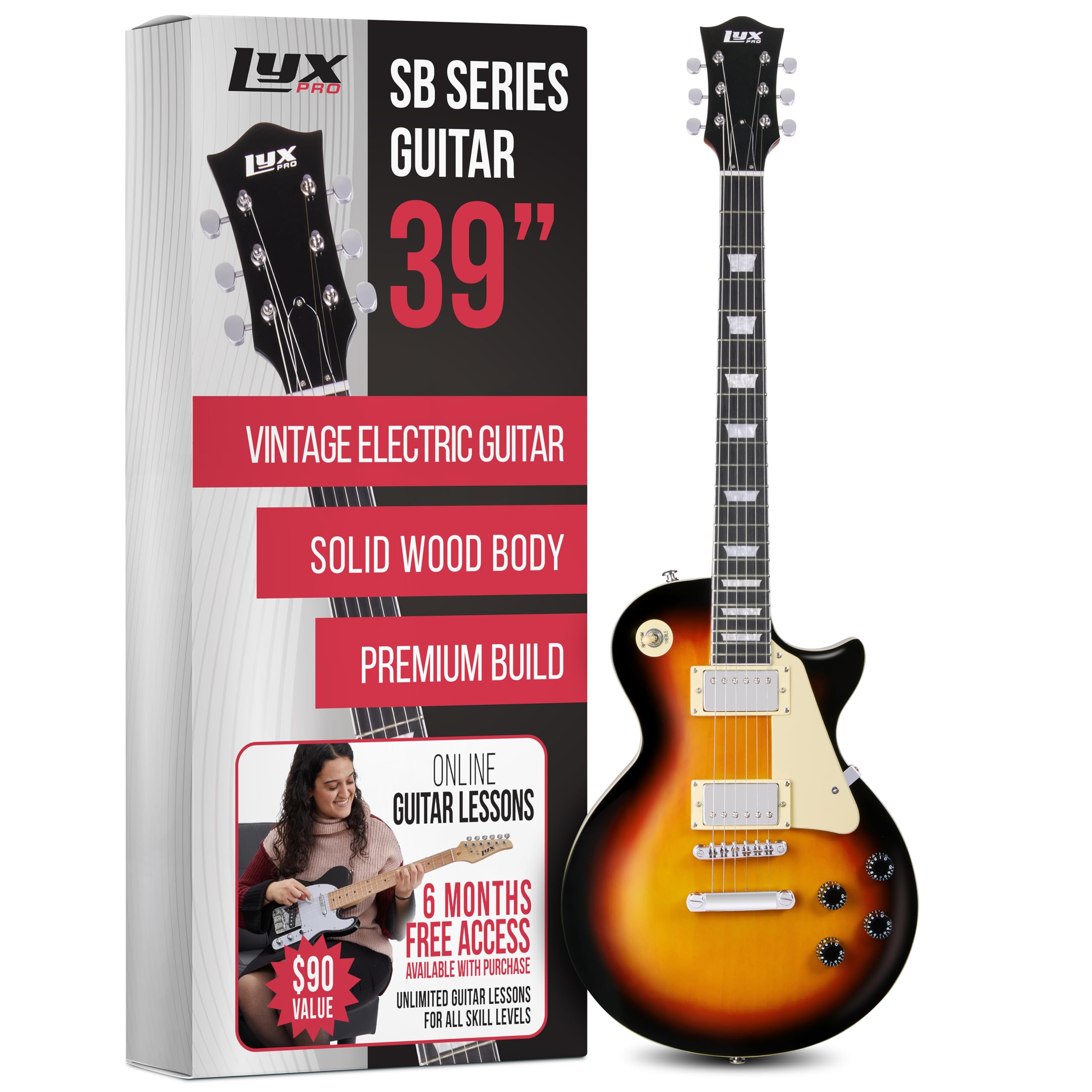 LyxPro 39” SB Series Electric Guitar, LP Style for Beginner, Intermediate & Pro Players Solid Body Guitar, Bonus 2-Pack of Picks, Mahogany Wood, Volume/Tone Controls, 3-Way Pickup - Sunburst