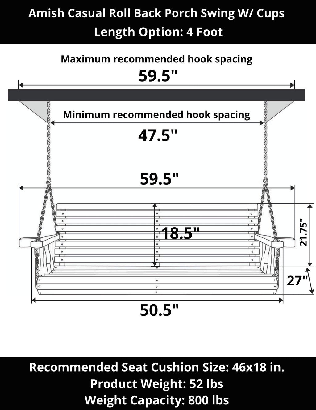Amish Casual Heavy Duty 700 Lb Capacity Porch Swing with Cup Holders (4 Foot, Cedar Stain) – Wooden Outdoor Roll Back Swing with Hanging Chains – Amish Made in the USA