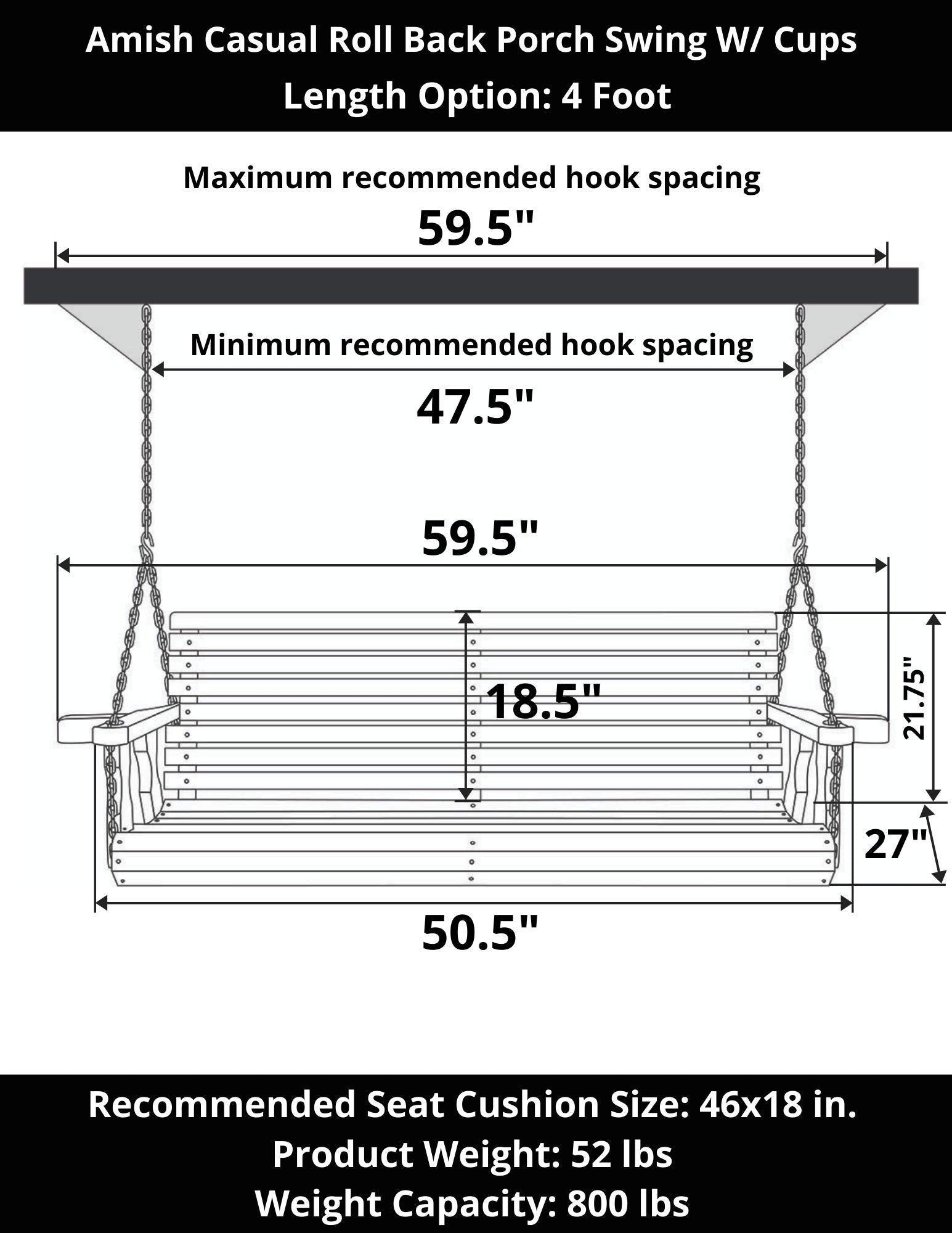 Amish Casual Heavy Duty 700 Lb Capacity Porch Swing with Cup Holders (4 Foot, Cedar Stain) – Wooden Outdoor Roll Back Swing with Hanging Chains – Amish Made in the USA