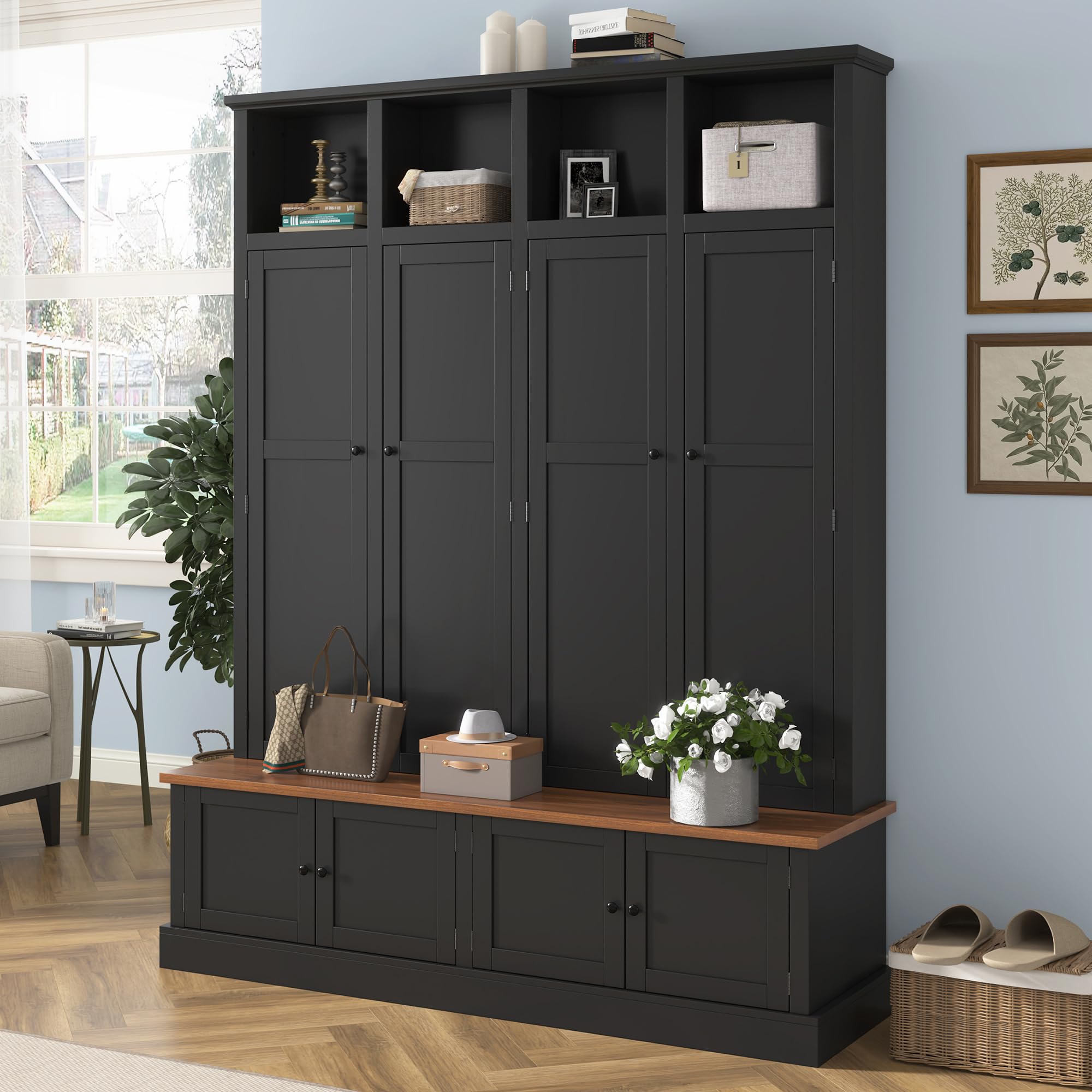 Shaical Hall Tree with Bench and Shoe Storage, 4-in-1 Entryway Bench with Coat Rack & Cabinets, Open Cubbies 4 Hooks, 76.7" H Wooden Storage Organizer for Hallway, Mudroom, Entrance, Black