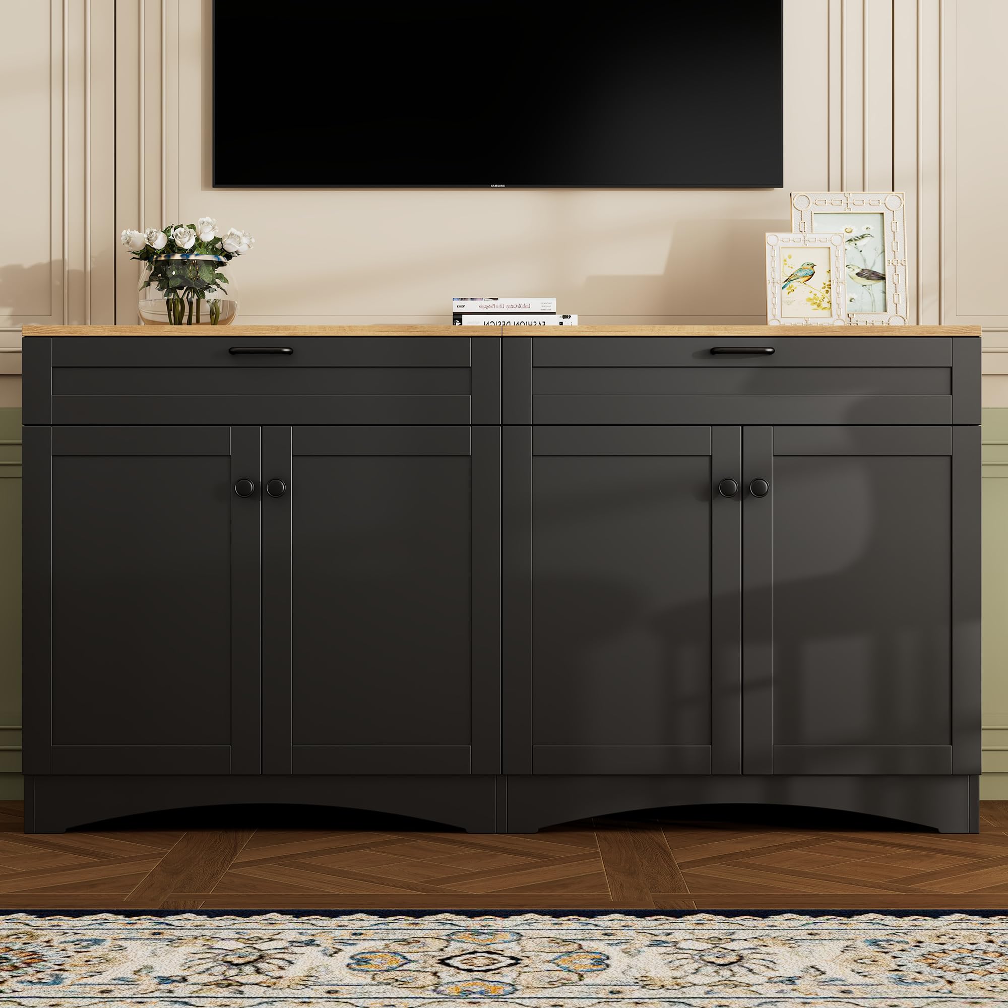 Merax Modern TV Stand Consoles for TVs up to 70'', Mid-Century Solid Wood Entertainment Center with Storage Cabinets, Practical Media Console for Living Room, Bedroom, Black