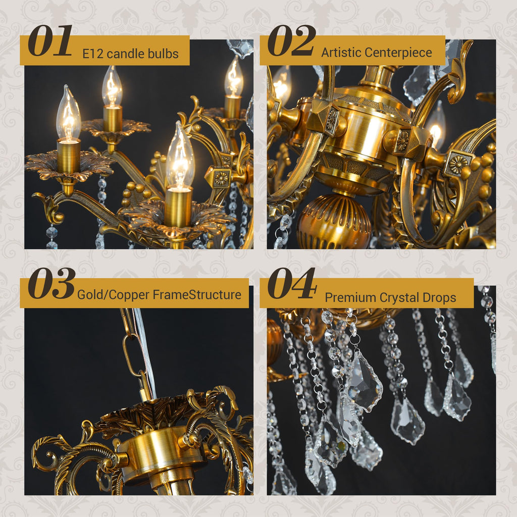 Luxury Copper Crystal Chandelier, 30" Vintage K9 Crystal Pendant Light with 8 Lights, Antique Brass Finish Ceiling Light Fixture with Scrolled Arms for Dining Room Living Room Foyer Villa Hotel