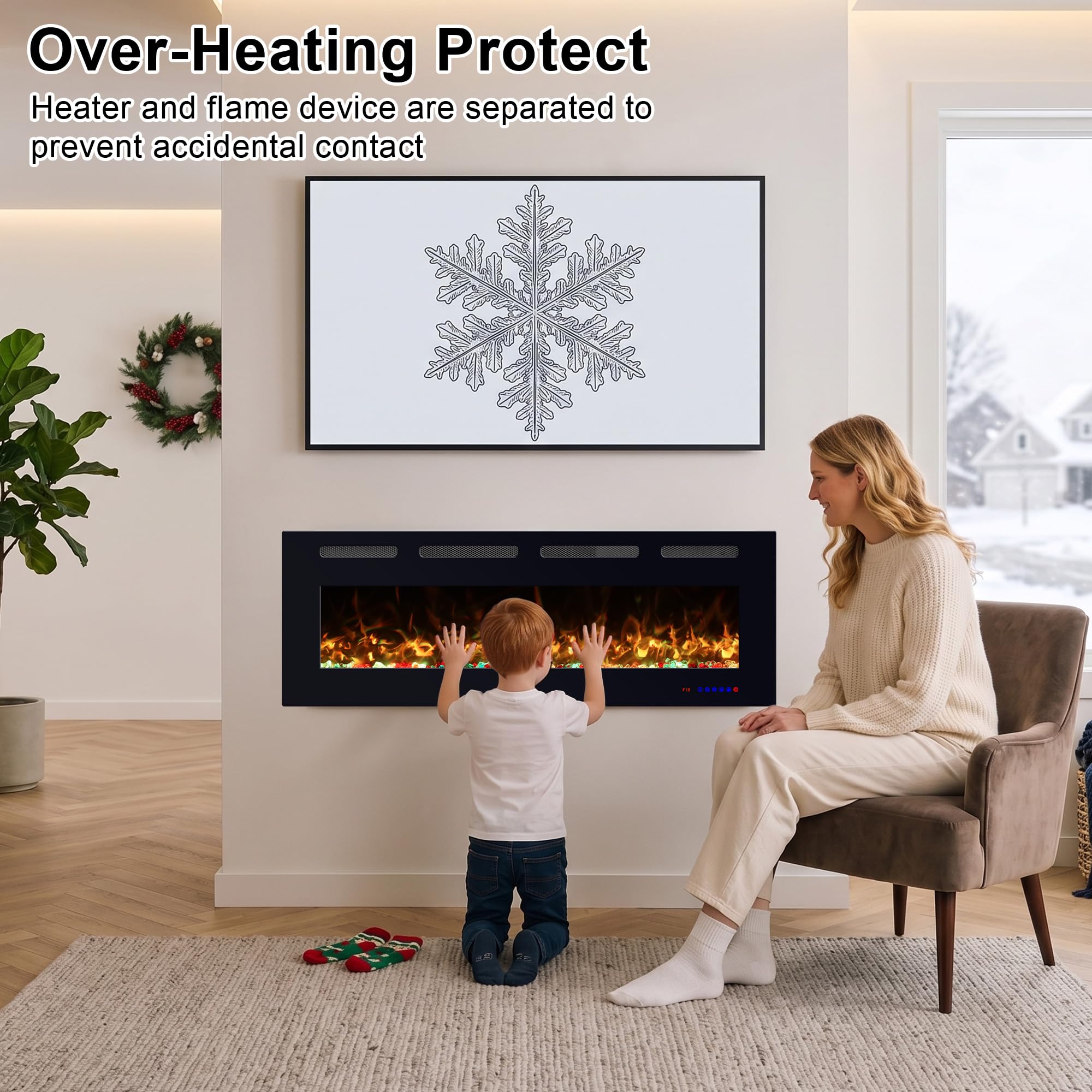 VILLABROT 42 Inch Ultra Thin Electric Fireplace Heater, Recessed & Wall Mounted Electric Fireplace Insert with Thermostat, 13 Flame Colors, Remote Control, 750/1500W for Living Room Bedroom