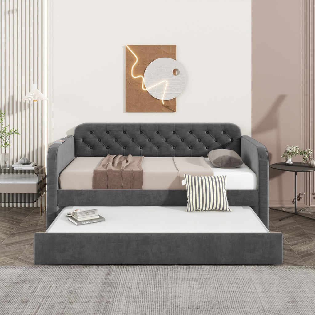 Ball & Cast Twin Size Daybed W/Trundle,Velvet Day Bed with Pop Up Trundle Bed W/USB Charging Ports,Upholstered Sofa Bed W/Back,No Box Spring Needed,for Bedroom,Guest Room,Dark Gray