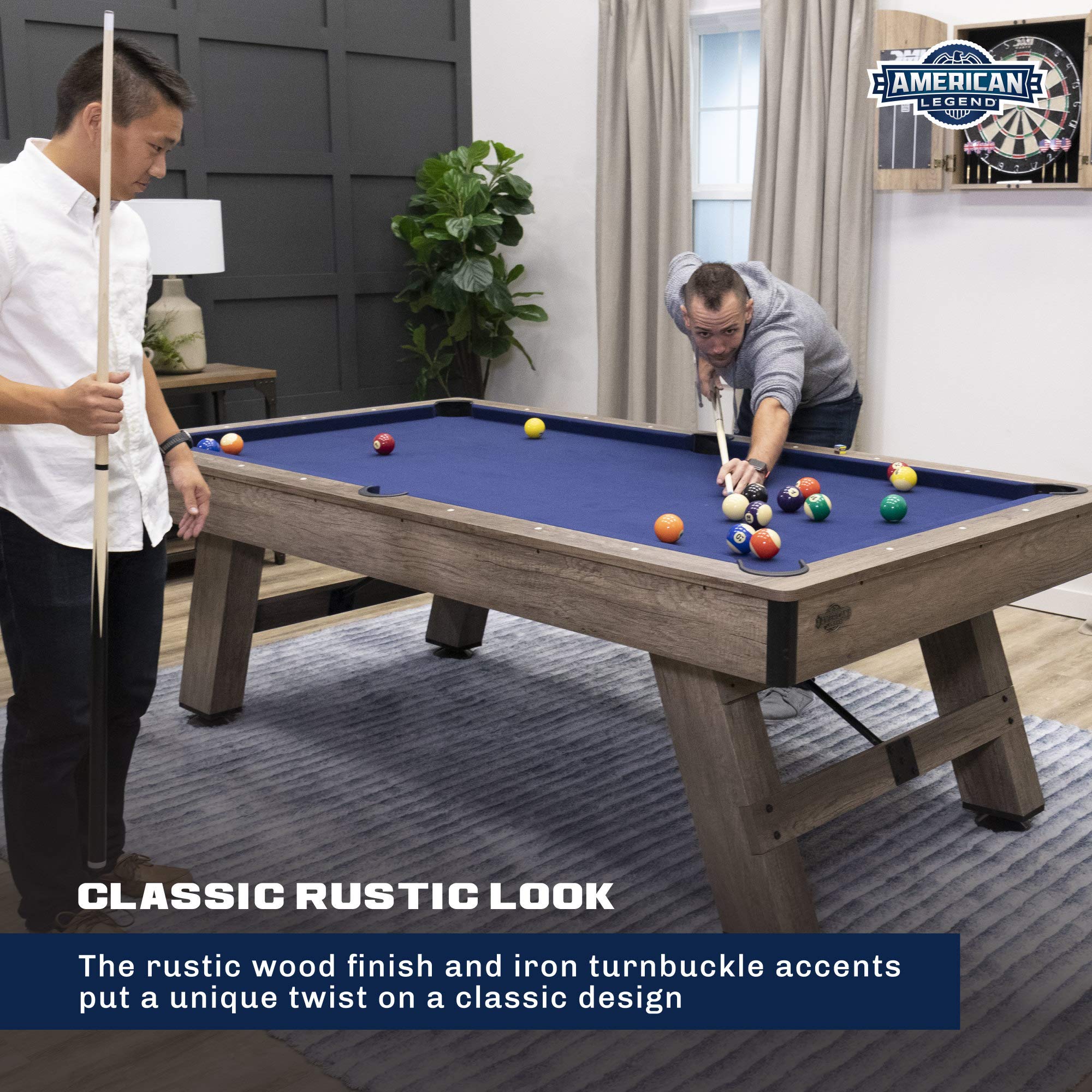 American Legend Brookdale 90” Billiard Table with Rustic Wood Finish and Navy Blue Cloth