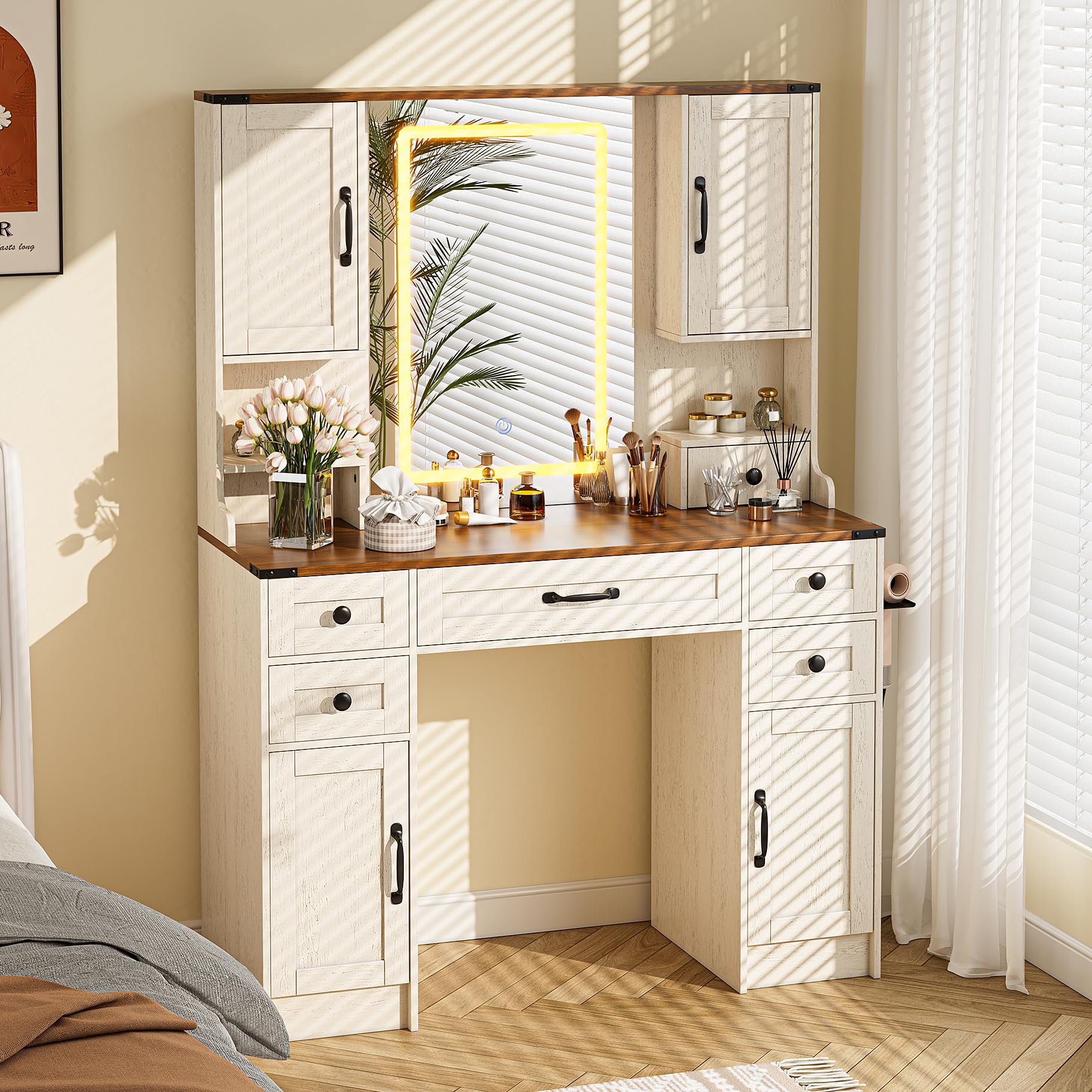 NBYSGO Farmhouse Vanity Desk with Mirror and Lights, Large Makeup Table with 6 Drawers and 4 Storage Cabinets, 3 LED Lights Modes, White Dressing Set for Girls Bedroom