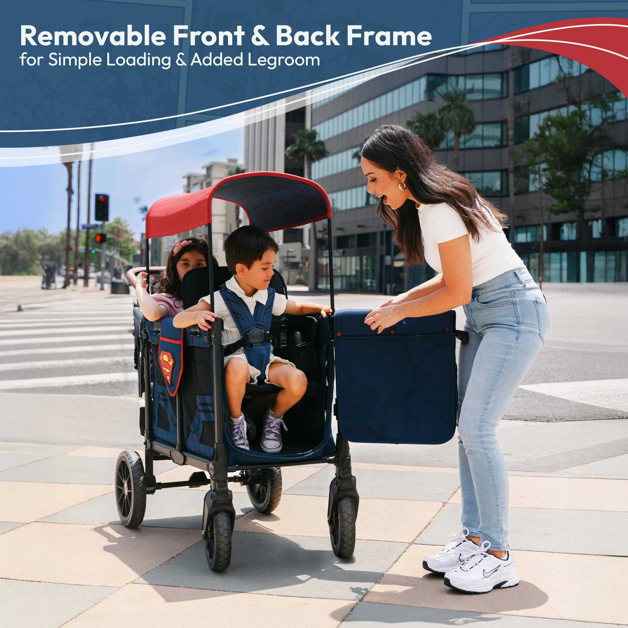 WONDERFOLD W2 Luxe Pro Special Edition Superman Stroller Wagon (2 Seater) - Collapsible Wagon Stroller with Seats with 5-Point Harnesses, Easy Access Zipper Door, and Removable Sun Canopy