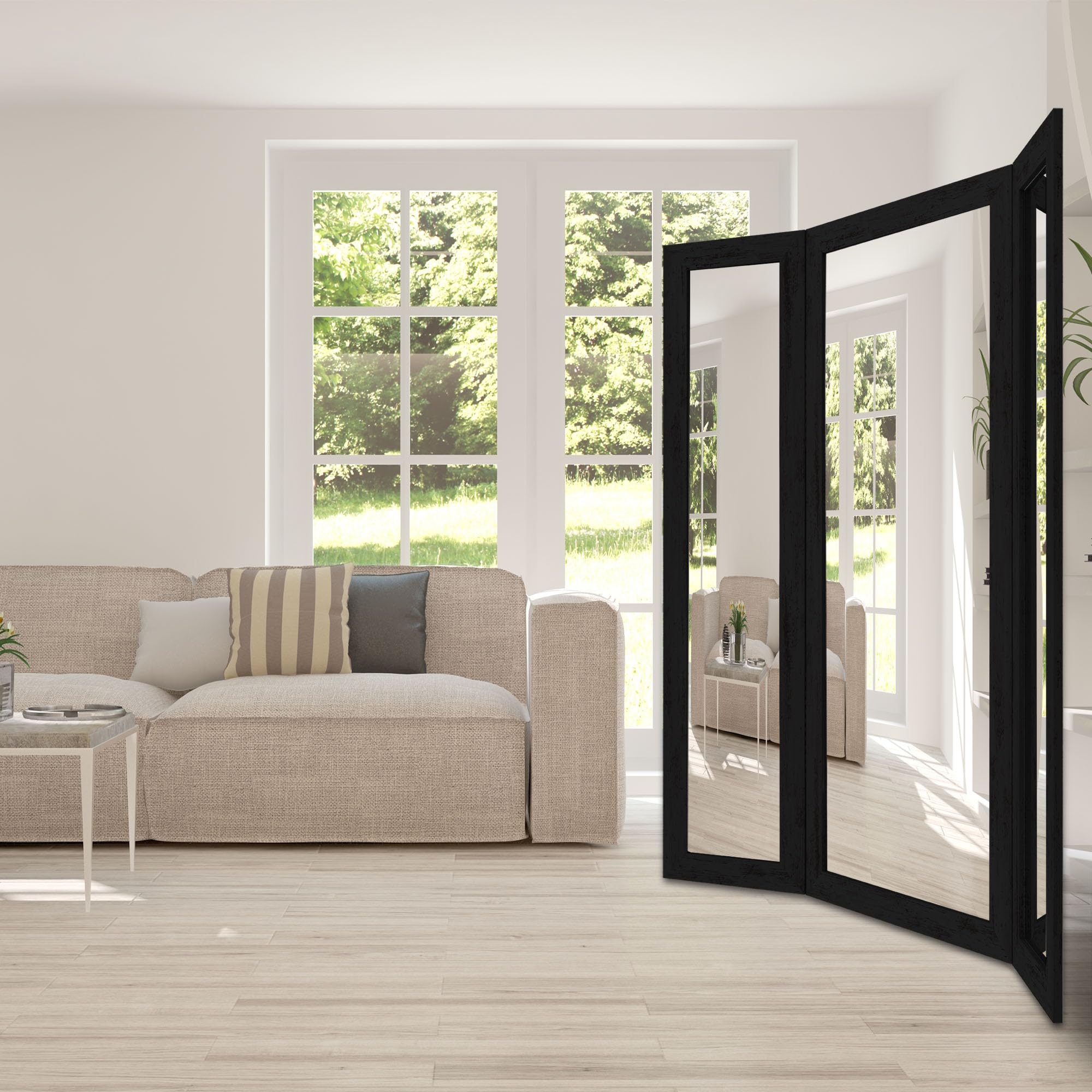 Houseables Trifold Mirror Full Length, 3 Way Mirror, Floor Length, Three Way Folding, Standing, Full Body, Wood Framed, 3 Sided for Bedroom, Makeup, Oversized, Foldable, Black, 71 x 32 to 65 Inch