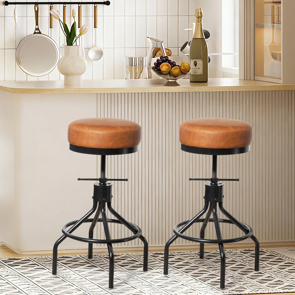 Adjustable Height Bar Stools Set of 3, Swivel Modern Industrial Barstools, Upholstered PU Leather Bar Chairs, Counter Height Stools 22-28 Inch for Kitchen Island, Dining Room (MY-D017-Brown-3)