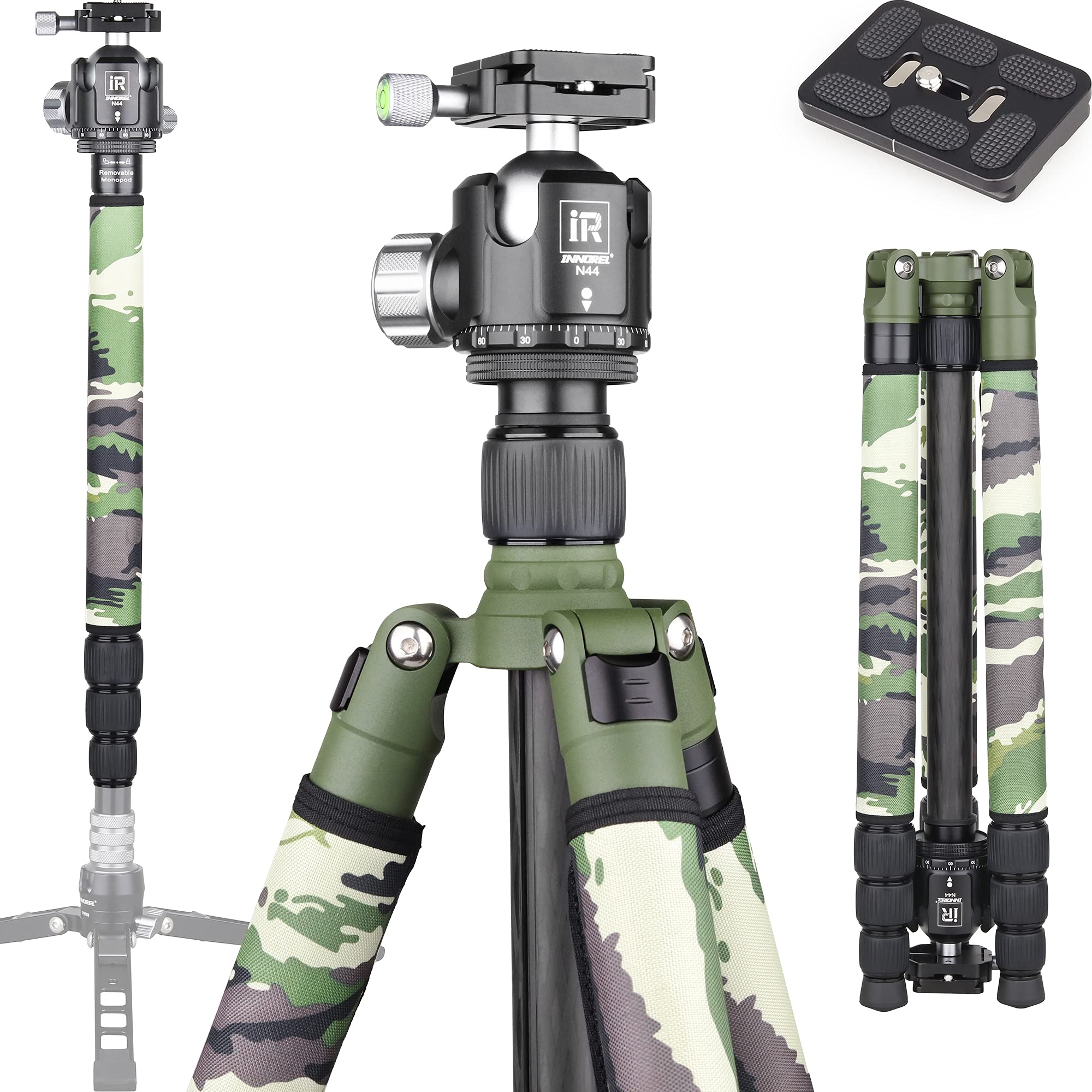 Carbon Fiber Tripod-RT75CG Super Professional Tripod Monopod Heavy Duty Compact Stand Support with 44mm/1.73in Low Gravity Center 360°Panoramic ballhead for Digital DSLR Camera, max Load 20kg/44lb