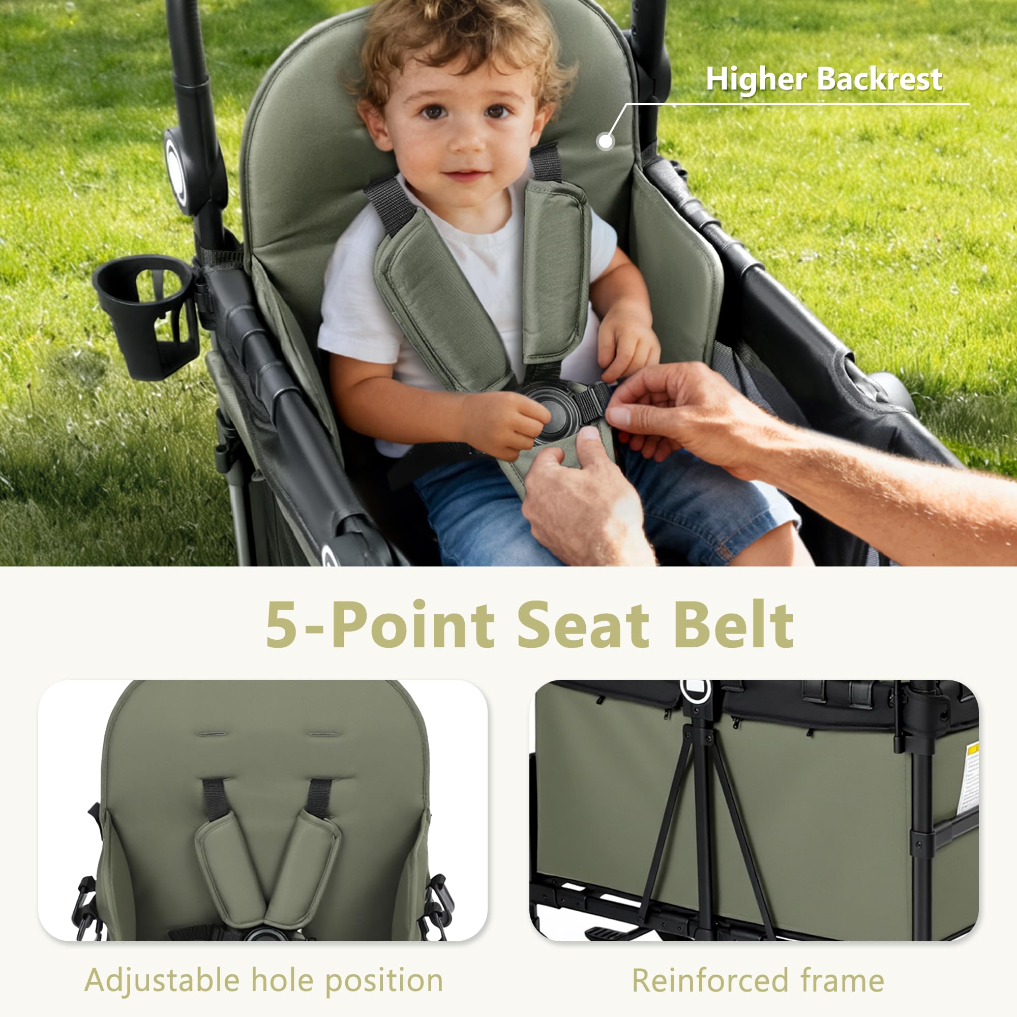 Kinder King Wagon Stroller for 2 Kids, All-Terrain Foldable Outdoor Stroller Wagon 2 Seater, Removable Canopy, Adjustable Handle, Shock-Absorbing Wheel, Detachable Tray, Large Storage, Green