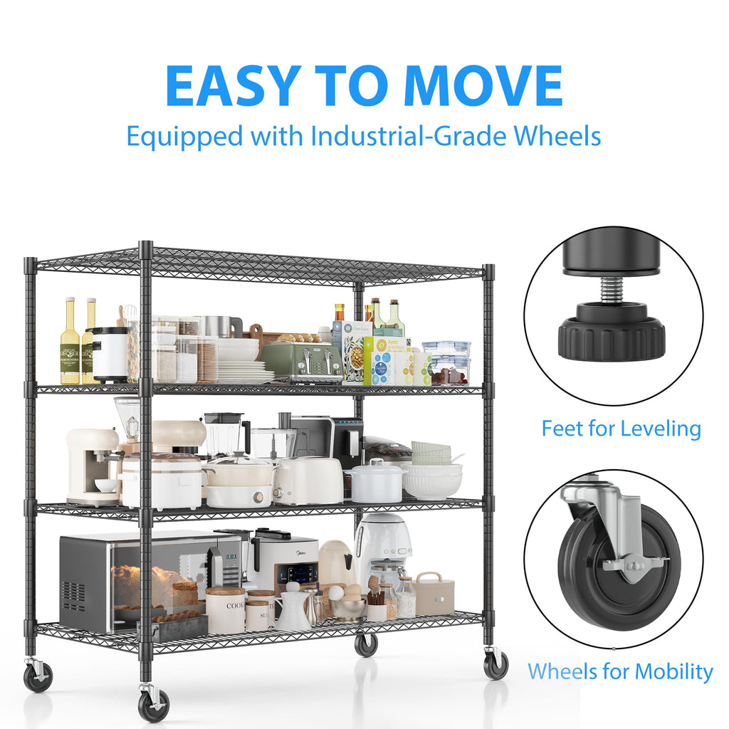 Homdox Heavy Duty Metal Shelves for Storage, 4 Tier Storage Racks and Shelving, Commercial Adjustable Wire Shelving Unit on Wheels, Garage Rack Pantry Shelves Kitchen Shelving, 24"x60"x72", Black