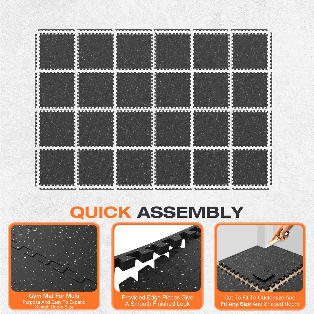 FLEXLIFT 0.56'' Thick 24 Pcs 96 Sq Ft Non-Slip Rubber Top Exercise Equipment Mats, High Density EVA Foam Mats with Rubber Top, Interlocking Puzzle Gym Flooring for Home Gym, Workout Floor Mats, Black