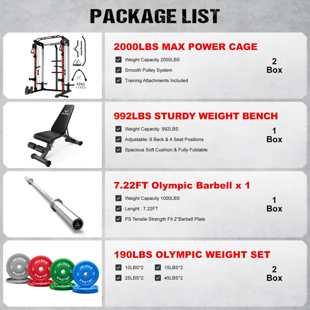 JELENS C21 Power Cage, 2000LBS Multi-Function Power Rack with Independent Dual Pulley System, All-in-One Squat Rack for Cable Crossover, Home Gym Workout Machine (Red, 190LBS Color)