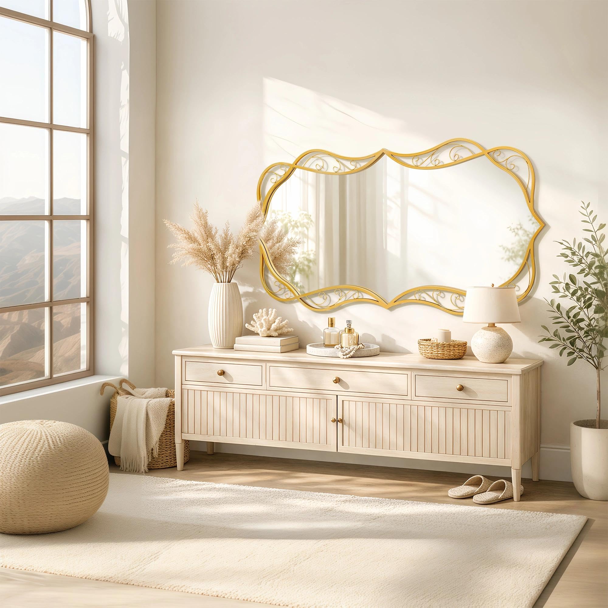 Besdomus Large Bathroom Gold Mirror: 30"x60" Scalloped Modern Long Full Length Vanity Wall Mirror - Farmhouse Decorative Vertical or Horizontal Hanging for Bathroom/Entryway/Fireplace/Bedroom