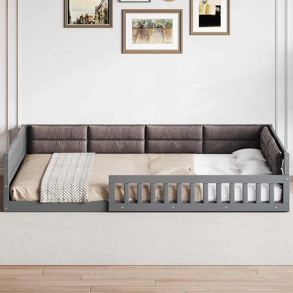 Merax Full Size Upholstered Platform Bed with Guardrail & Pillow, Solid Pine Wood Bed Frame, No Box Spring Needed, 600 lbs Capacity Safety Guaranteed Easy to Assemble for Bedroom, Gray