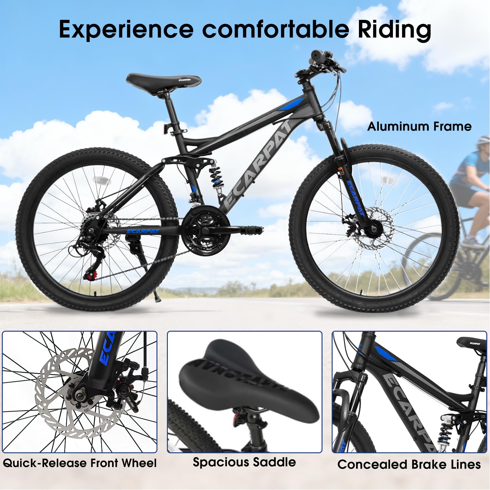 richvelo Mountain Bike with Full Suspension, 21 Speed Shifter Lever with Gear Indicator, High Carbon Steel Frame, Mechanical Disc Brakes, Use for Men/Women/Adults, Ideal for Trails. (Black, 26 INCH)