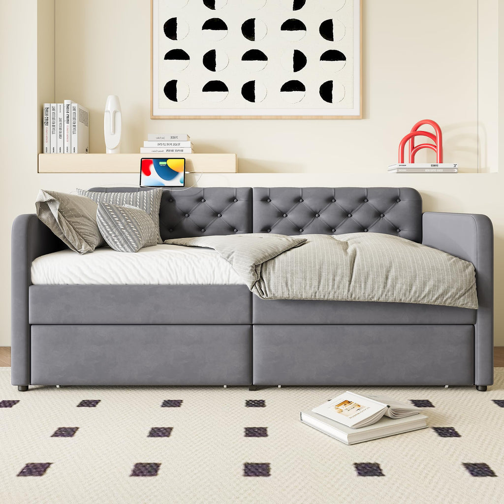 KEIKI Twin Upholstered Daybed with 2 Storage Drawers & USB Charging, Plush Velvet Button-Tufted Headboard, Sofa Bed for Living Room or Bedroom, No Box Spring Needed, Gray